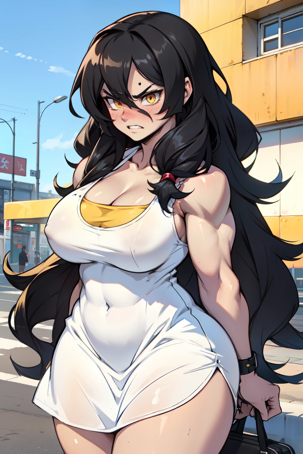 girl perky breasts bodybuilder muscular toned body pale skin black hair very long hair yellow eyes angry blushing embarrassed thick thighs white sundress