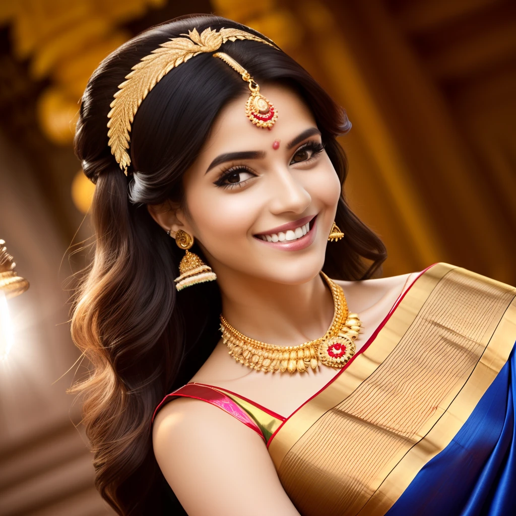 close-up RAW Portrait shot, photograph,woman, oval jaw, delicate features, beautiful face, long hair,dark hair, (big bun:0.7), long bangs, hairband, long ponytail, bright brown eyes, (royal gold silk sari:1.4), 25years old stunning beautiful woman, gigantic breasts,slim waist,wide hips,bubble butt,(((light smile:1.2))),(golden luxurious diadem with intricate details, gem:1.3), intricate details, skin texture, natural skin pores, dark dramatic studio lighting, cinematic shot,tan,(((ebony skin:1.1))), symetrical face, (((lascivious looking at viewer))), parted lips, full lips, smokey eyes, bun pillow, elaborate hairstyle, dark lips, standing inside a hindu temple mith intricate ornament,upper body shot --auto --s2