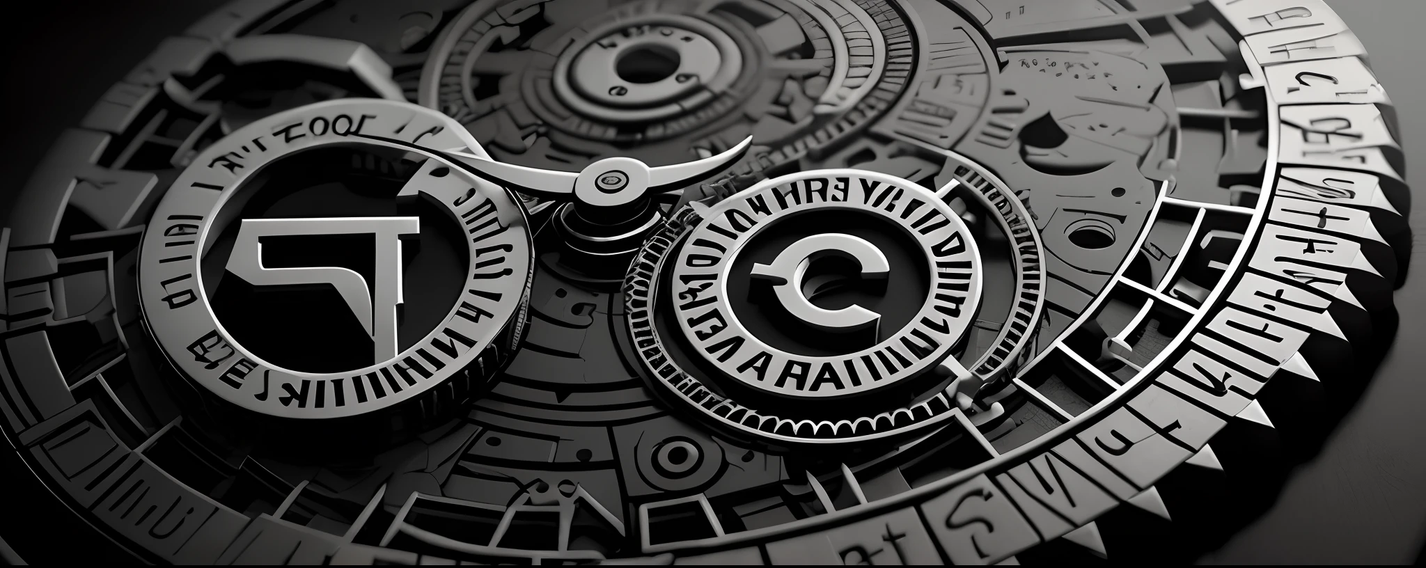 Crie uma estampa de camiseta, Closeup of a Logotype with a cogwheel on it, header with logotype, Cybercat, Mercator Projection, intrecate detalhes, with Merchant Type Logo, Lovercraft, kerning perfeito, Black and white logotype, overecast, roupas arcanas, intrecate luz, herculean, intrincado, hiper-realismo", Logo, Logo, hiperreal 4K.