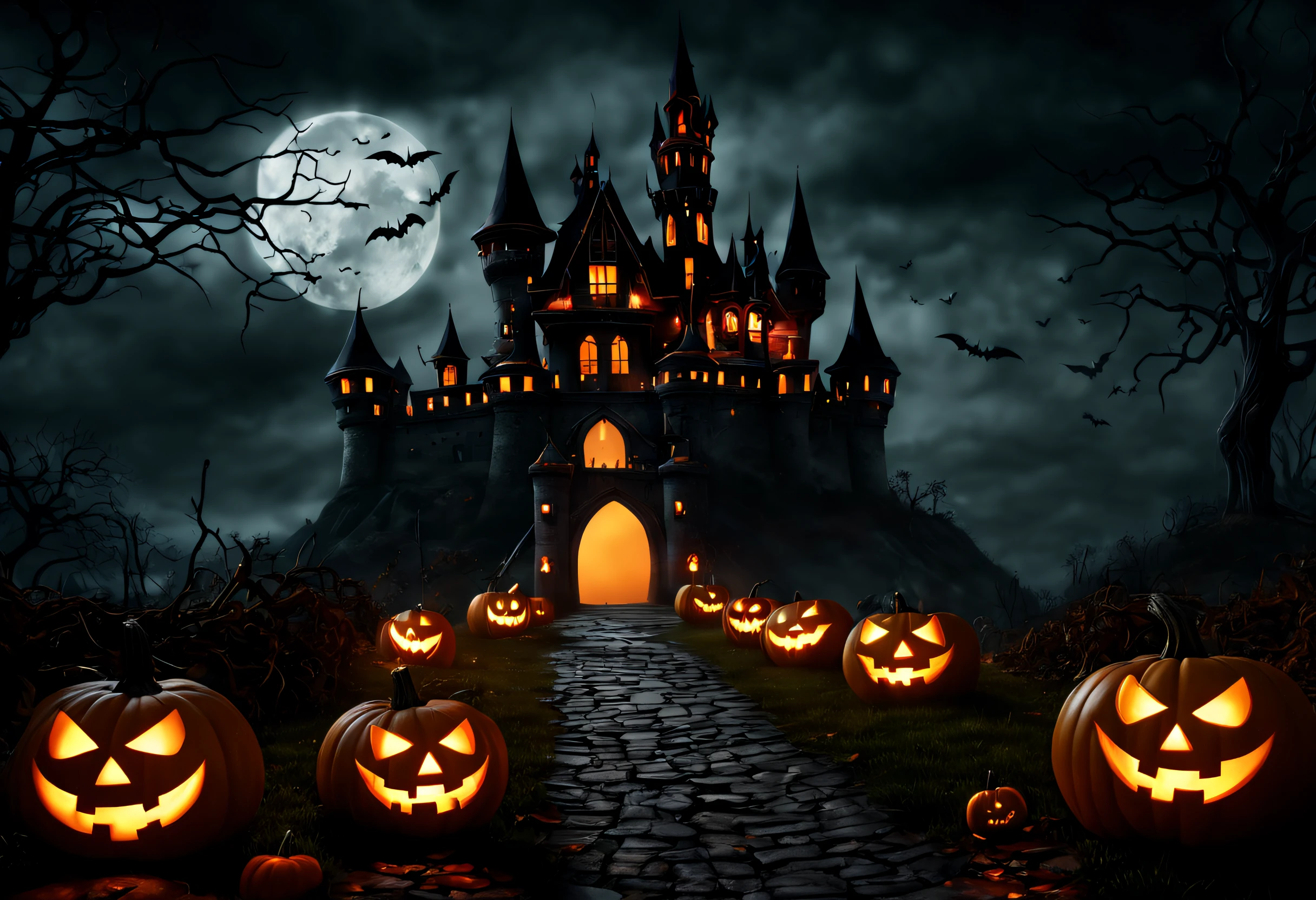 (best quality, 4k, 8k, high resolution, masterpiece: 1.2), ultra detailed, (realistic, photorealistic, photorealistic: 1.37),A photo of a spooky Halloween scene with a castle and pumpkins. The castle is in the background and is dark and sinister. The path is lined with pumpkin lanterns and other Halloween decorations. The sky is dark and cloudy, creating an eerie and sinister atmosphere.