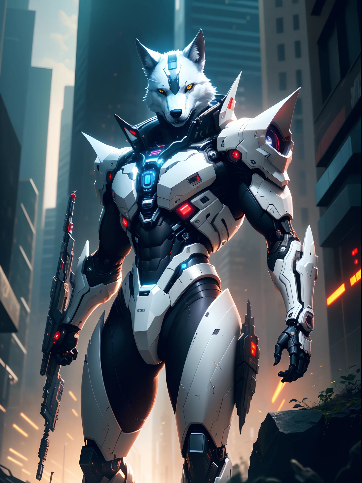 Dark_Fantasy,Cyberpunk, (Best Quality, Masterpiece),White,1Person,Mechanical Miracle,Robotic wolf Presence,Cybernetic Guardian,Wearing a Cybernetic Jacket, Futuristic from Marvel, (Cyborg), wolf, City, Highest Quality Digital Art, Stunning Art, 4k Wallpapers, High Detailed, Warzone, Black & White, Highest Quality Digital Art, Stunning Art, 4k,8k,64k, HD Wallpapers, Unbeatable Masterpiece, dynamic lighting, cinematic, epic, damaged mechanical parts