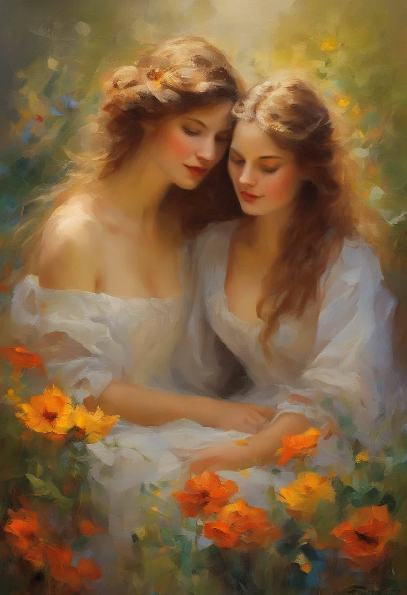 (aesthetic,highres),(best quality,oil painting:1.2),detailed garden scenery,2girls,naked,embrace,beautiful detailed eyes,beautiful detailed lips,radiant skin,lovely flowers,hazy sunlight,delicate brushstrokes,vivid colors,wavy hair,soft grass,peaceful atmosphere, breasts