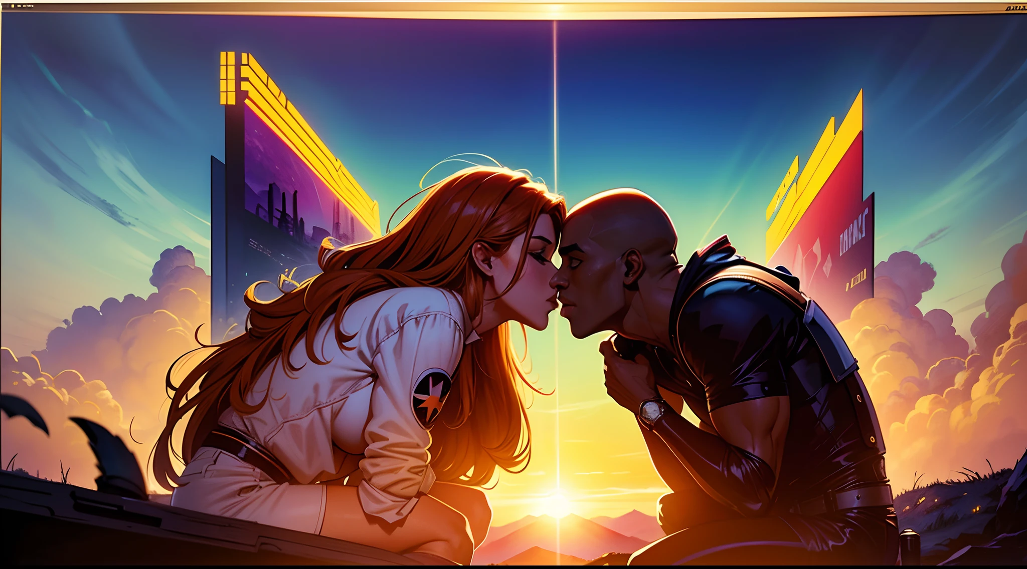 The hero's kiss on his beloved, Story ending scene with happy ending, Scenery of horizon and sunset, arte de quadrinhos inspirado em Frank Miller, pintura digital de alta qualidade, Limited Edition poster, Collectible art, detalhes intrincados, Scenario of a laboratory, Perfect lighting and shadows, cores vibrantes, Action elements highlighting the scene, 8k