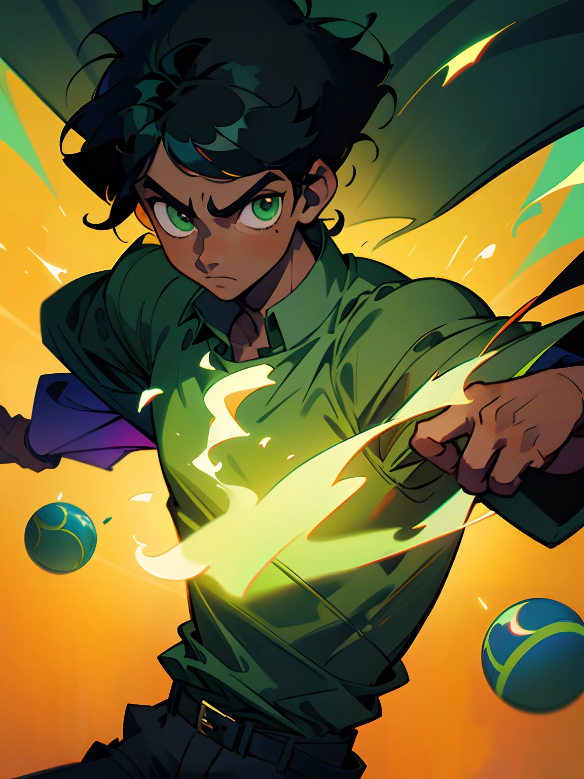 1 boy, solo, (dark skin), black hair, green eyes, shirt, Lightweight clothing, looking at viewer, man, colorful magic wrap, rich color, detail, stunning characters, strong man
