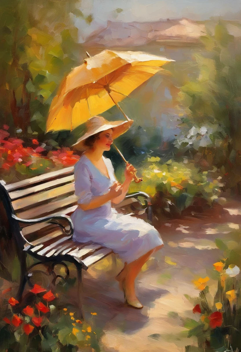 painting of a woman sitting on a bench with an umbrella, in a garden, inspiring art, edouard leon cortes, impressionist art, in the garden, steve henderson, by Ma Shi, romantic painting, romantic impressionism, by Joseph DeCamp, by J. Ottis Adams, by Thomas Kinkade, by thomas kinkade, serene, breathtaking art
