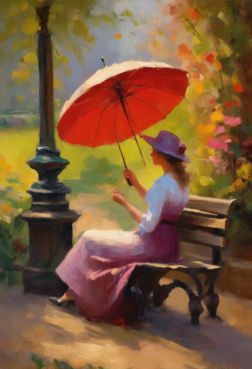 painting of a woman sitting on a bench with an umbrella, in a garden, inspiring art, edouard leon cortes, impressionist art, in the garden, steve henderson, by Ma Shi, romantic painting, romantic impressionism, by Joseph DeCamp, by J. Ottis Adams, by Thomas Kinkade, by thomas kinkade, serene, breathtaking art