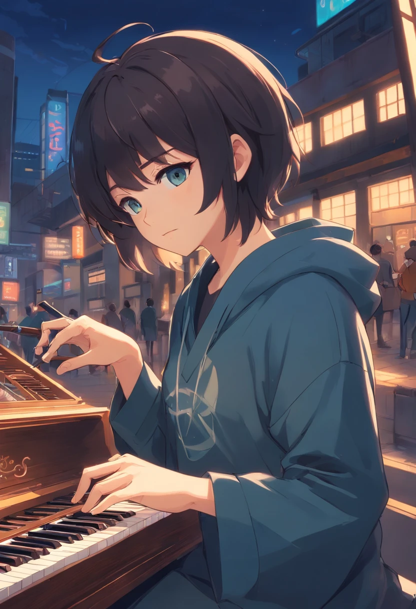 homem, cabelo preto, olhos pretos, terno preto, sem barba , graves , frio e calculista . ele esta em uma cidade escura , Holds in her hand a magical instrument