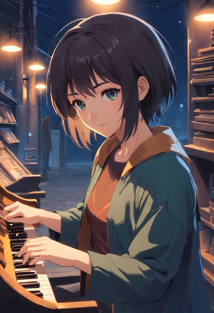 homem, cabelo preto, olhos pretos, terno preto, sem barba , graves , frio e calculista . ele esta em uma cidade escura , Holds in her hand a magical instrument