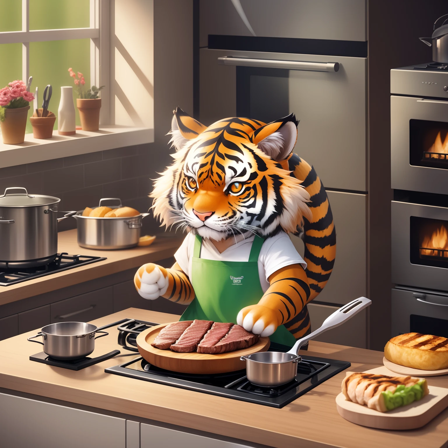Anthropomorphic little tiger wearing apron, standing in kitchen over the stove cooking a steak in frying pan. Ultra detailed, anime, high quality, illustration, chibi, cute, Eevee, zbrush, pen, ink, marker, crayon, 64k, fantasy art, Alchemical hallucination art masterpiece --auto --s2