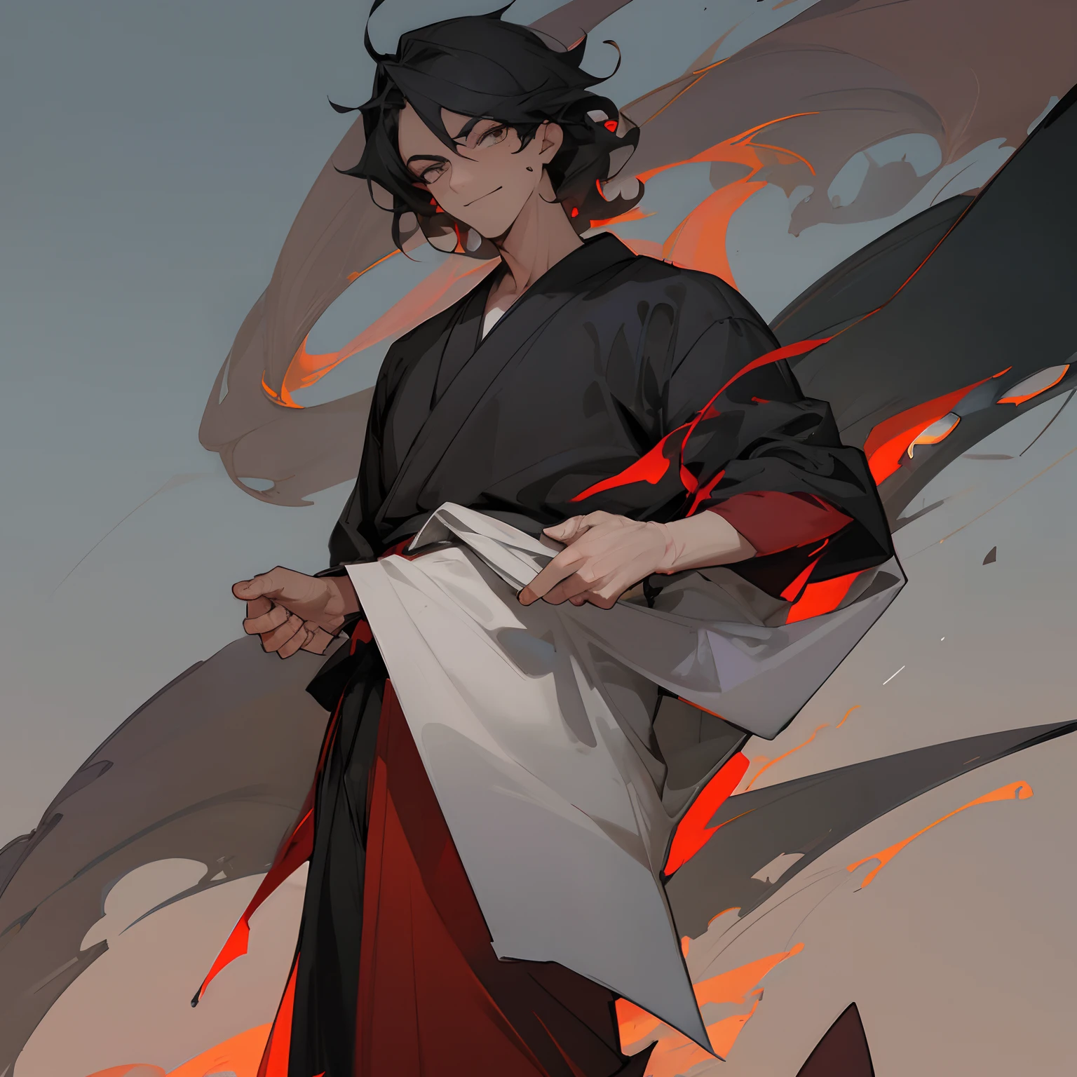 Black hair , silver eyes , medium length wild hair pulled back , red and grey haori with short sleeves and a long sleeve shirt underneath reaching to wrists , planes background ,muscular lean build , 1male , adult , standing with hands at sides , sarcastic smiling expression