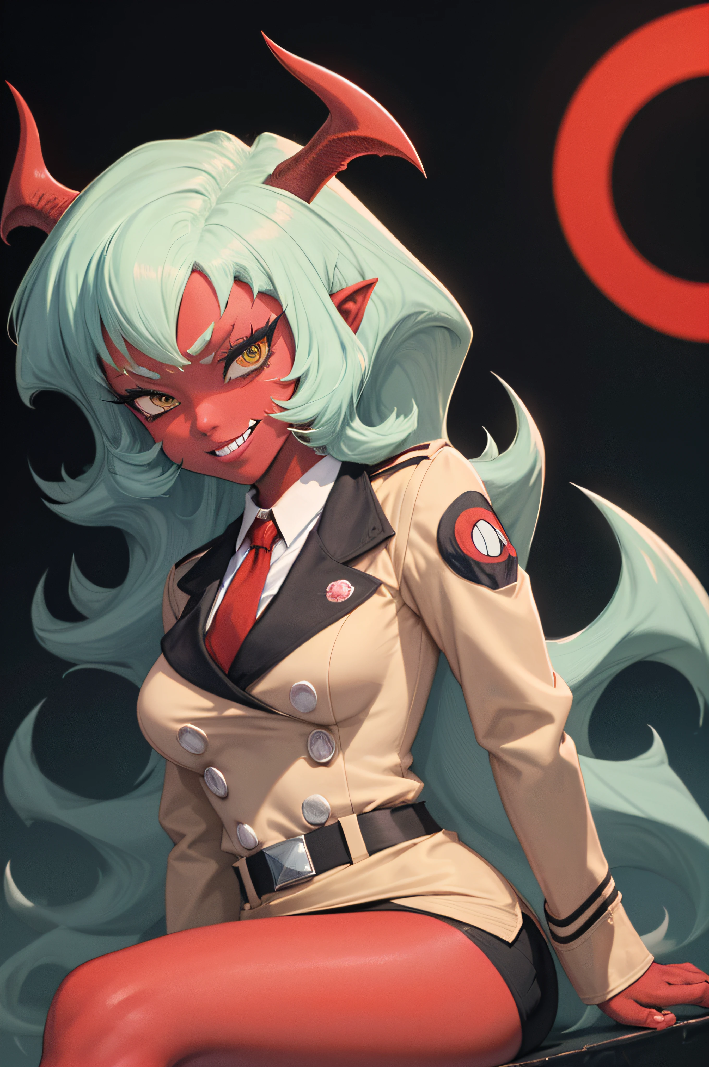 (masterpiece, best quality:1.2), solo, 1girl, psgscanty, red skin, evil smile, looking at viewer, sitting, crossed legs, horns, v-shaped eyebrows, jacket, red necktie, skirt, skirt suit,