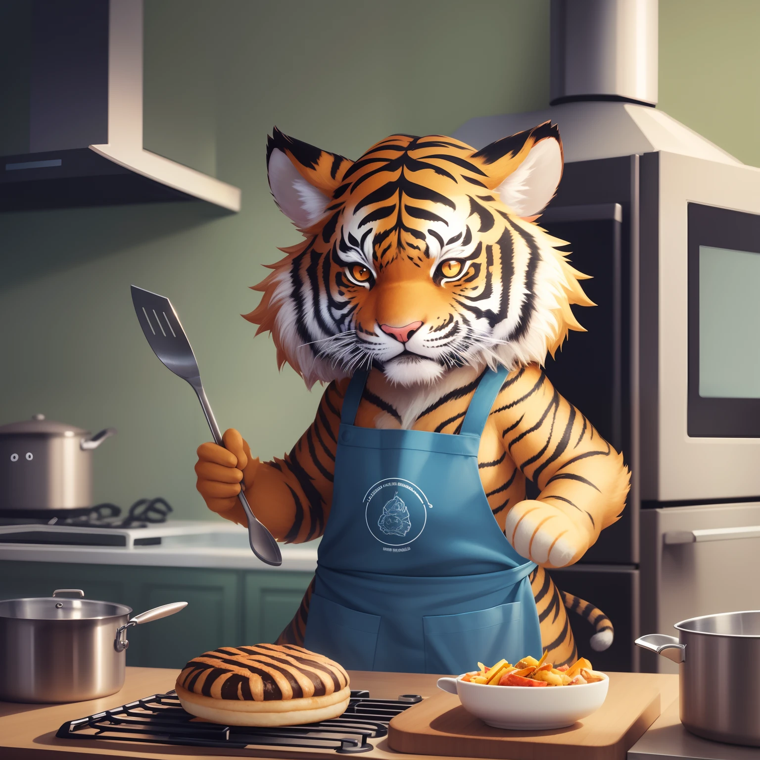 Anthropomorphic little tiger wearing apron, standing in kitchen over the stove cooking a steak in frying pan. Ultra detailed, anime, high quality, illustration, chibi, cute, Eevee, zbrush, pen, ink, marker, crayon, 64k, fantasy art, Alchemical hallucination art masterpiece --auto --s2