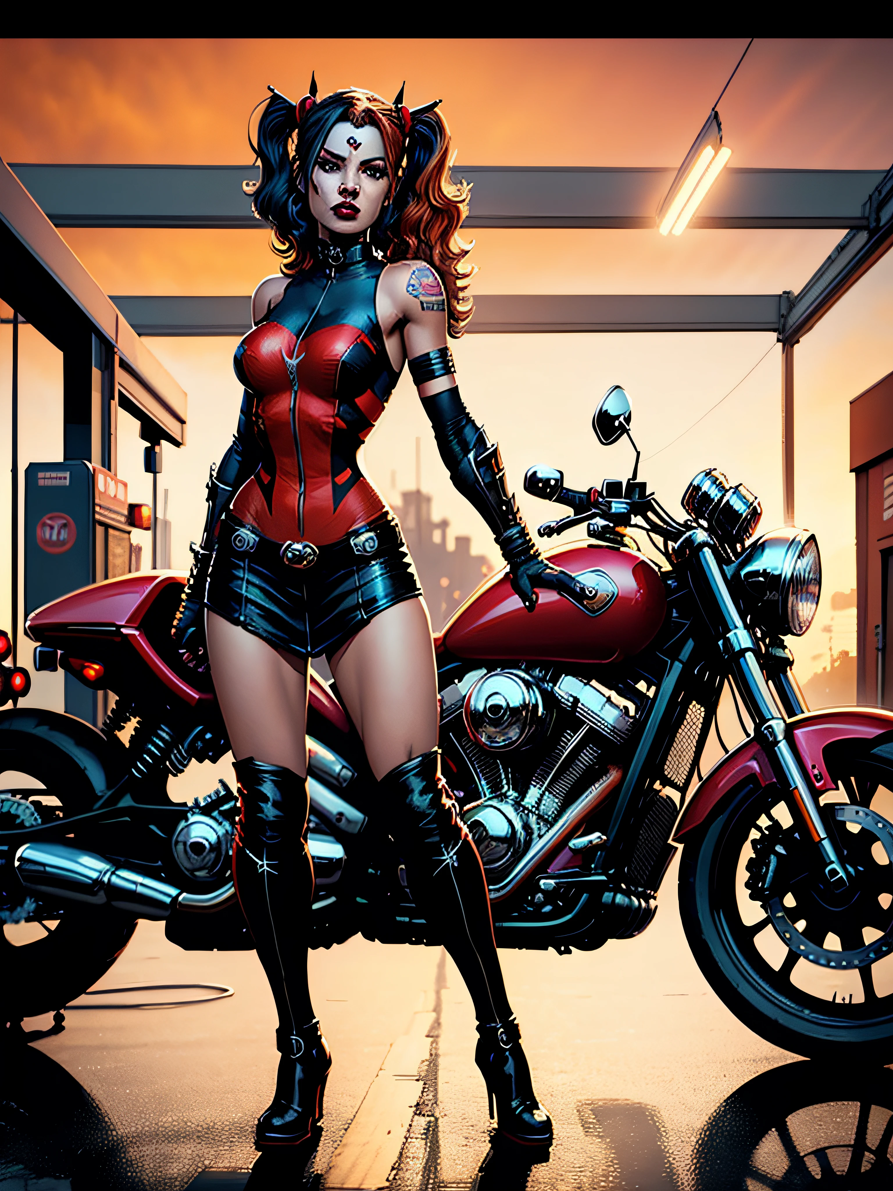 a woman Harley Quinn in a gass station with a motorbike with art work on the bike cinematic best quality 4k