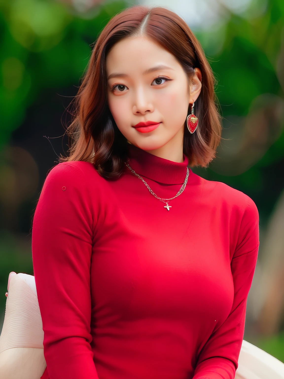 a woman, (wearing red knit sweater long sleeve), (upper body:1.2), (short hair), (bride makeup), (at the park), (realistic), (high quality), (bokeh), (use gun on her hand), (cool and serious pose)