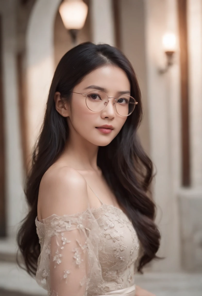 middle asian girl, long black hair, brown eyes, transparent glasses, shape body, beautiful frock