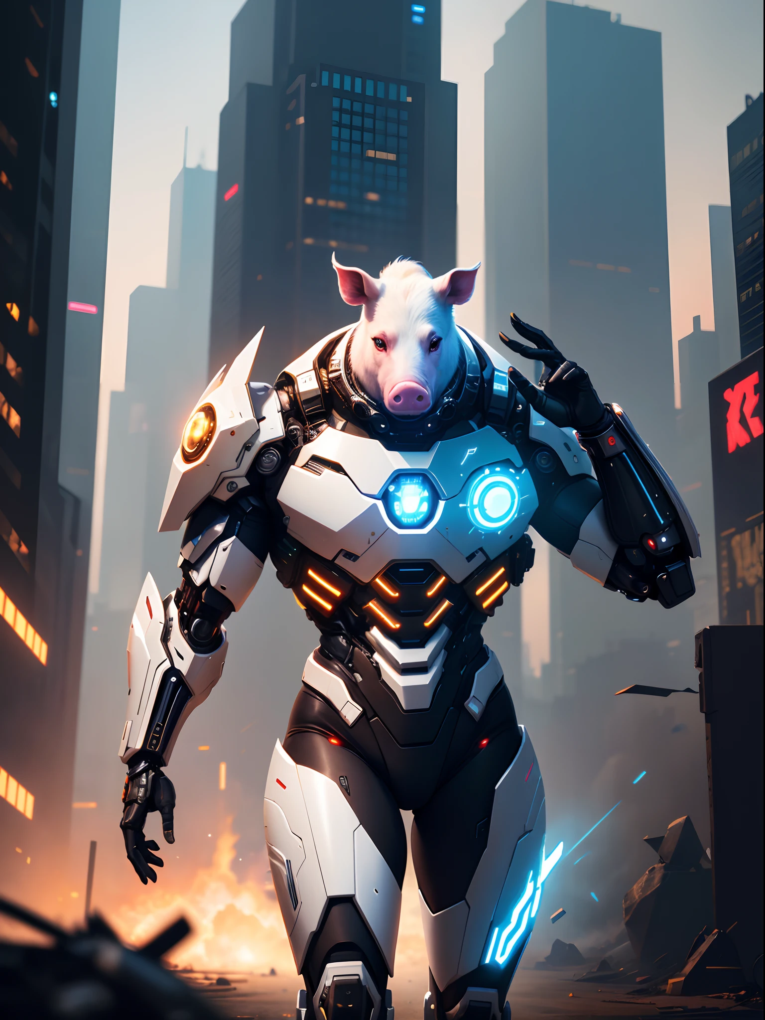 Dark_Fantasy,Cyberpunk, (Best Quality, Masterpiece),White,1Person,Mechanical Miracle,Robotic Real pig face Presence,Cybernetic Guardian,Wearing a Cybernetic Jacket, Futuristic from Marvel, (Cyborg), pig, City, Highest Quality Digital Art, Stunning Art, 4k Wallpapers, High Detailed, Warzone, Black & White, Highest Quality Digital Art, Stunning Art, 4k,8k,64k, HD Wallpapers, Unbeatable Masterpiece, dynamic lighting, cinematic, epic, damaged mechanical parts