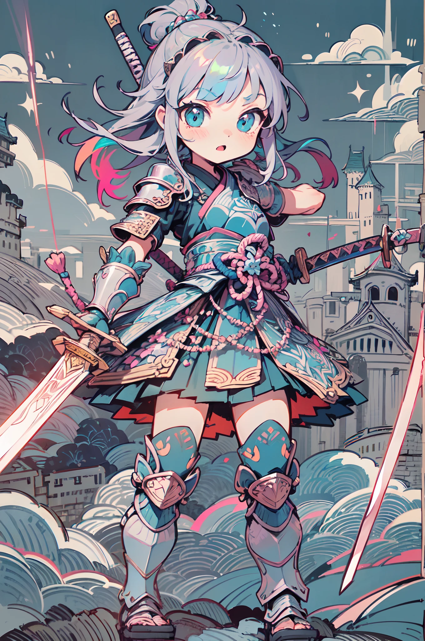 (Iridescent Zentangle)Armor with swords raised in a spirited attempt to attack down a Japanese castle. The Japanese armor design is a novel model that is reminiscent of lightning. The castle can be seen in the distance.(Artfully drawn)(Chibi Girl) (Simple background) (Flat painting style) (kawaii)