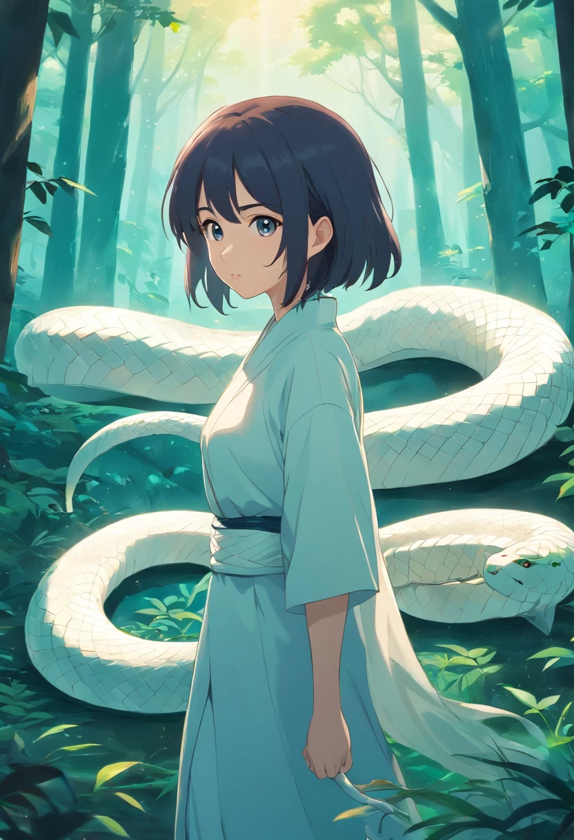 A large white snake slipped off，Mystical aura, surreal atmosphere,（Chinese Folk Suspense, terrorism, Supernatural cartoon style）， hyper quality，hyper HD，4K, mature woman, curvy chubby, cleavage