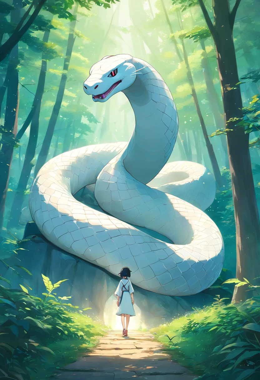 A large white snake slipped away,mystical aura, surreal atmosphere, Forest background,the night,(Chinese folk suspense, terroral, Supernatural comic book style), hyper qualit,hyper HD,4K
