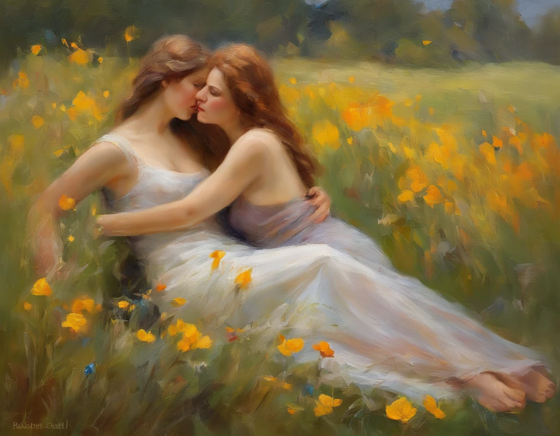 (aesthetic,highres),(best quality,oil painting:1.2),detailed garden scenery,2girls,(naked),embrace,beautiful detailed eyes,beautiful detailed lips,radiant skin,lovely flowers,hazy sunlight,delicate brushstrokes,vivid colors,wavy hair,soft grass,peaceful atmosphere, (breasts), kissing, nude