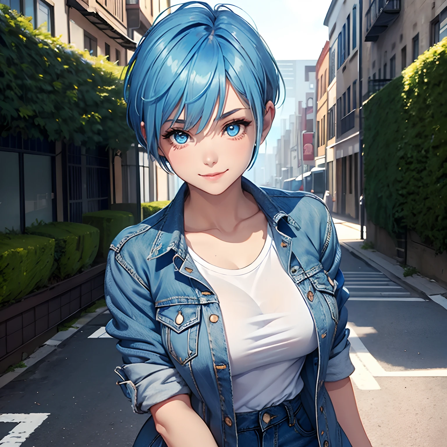 1girl, blue hair, blue eyes, pixie cut, large breasts, jean jacket, white t-shirt, smiling