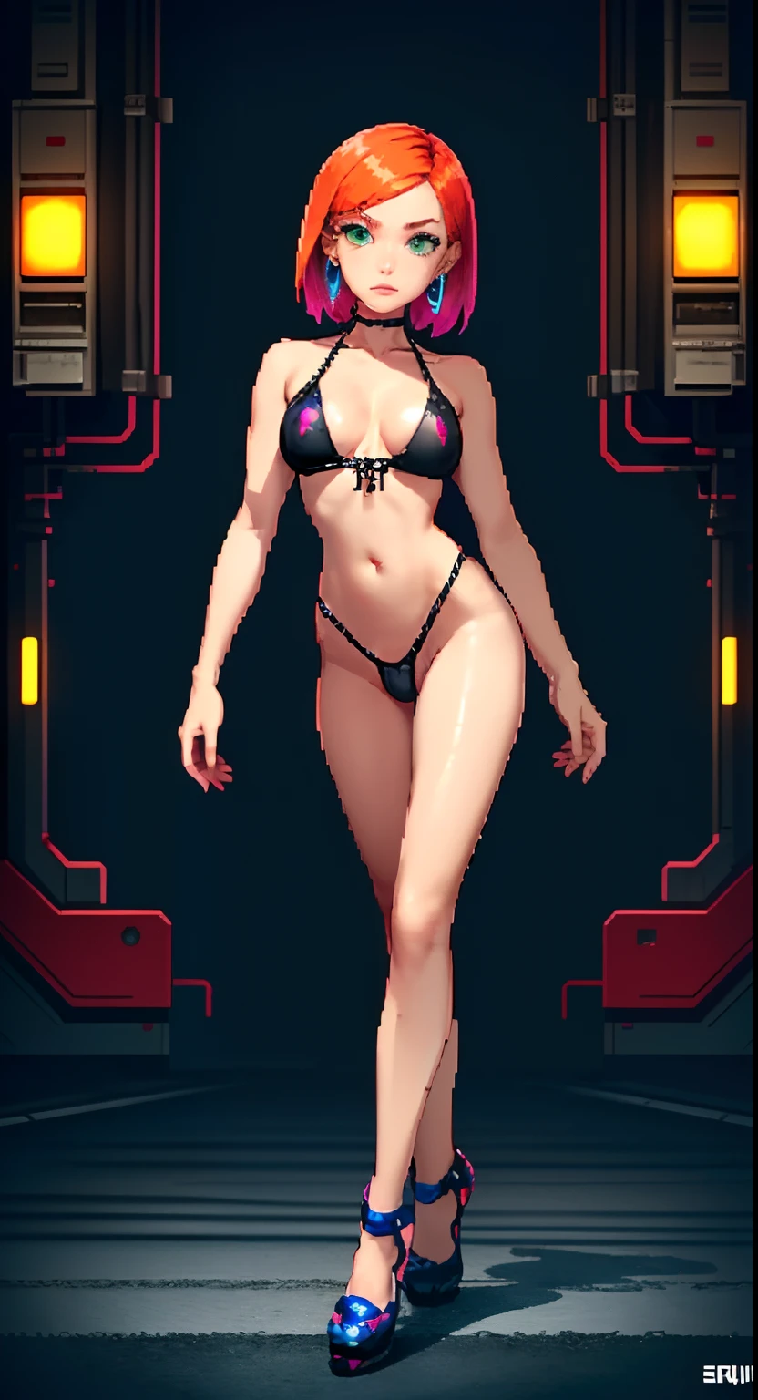 Gwen, 1girl, solo,green eyes, short hair, orange hair, earrings,lustrous skin:1.5,bright skin: 1.5,shiny skin,very shiny skin,shiny body)))),(spider lower abdomen,narrow waist,wide hip,athletic body,inflated legs,delicate detailed fingers),((hand consists of a short thumb and four fingers,hand with just five fingers,(detailed face))),pixel cute,slutty,sensual,seductive look,seductive,erotic,enchanting,(((nsfw))), zettai ryouiki,revealing clothing,show skin,(wearing a mechanical space body armor:1.3,micro bikini,bare legs),(detailed outfit,detailed clothes), (dynamic pose:1.0),solo focus,embarrassed,centered,scale to fit dimensions,Rule of thirds, outdoors,((night view)),(very pretty city neon synthwave,cyberpunk night street Background:1.5,dark sky,thick clouds),future vehicles,((neon lights)),thick clouds,(cyberpunk style,neon lights, (synthwave theme background), lonely street),(((detailed background:1.25))), (best quality),(high resolution),(sharp focus),(ultra detailed),(extremely detailed),(extremely high quality artwork),8k_wallpaper,(extremely detailed CG 8k),(very fine 8K CG),((hyper super ultra detailed perfect piece)),flawless,(((masterpiece))),illustration,vibrant colors,(intricate),High contrast,Selective lighting,Double exposure,HDR (High Dynamic Range),Post-processing,Background blur, pixel