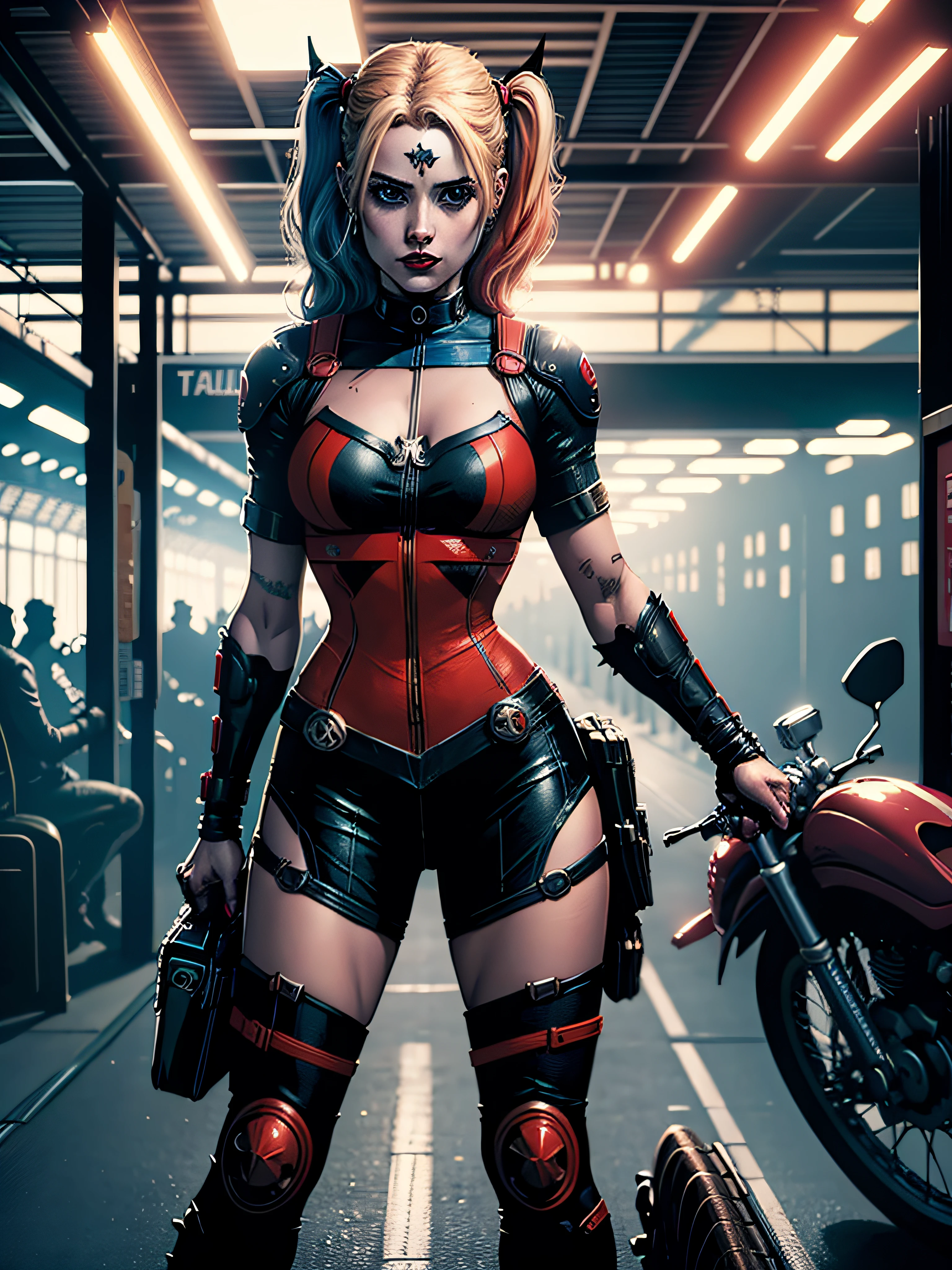 a woman Harley Quinn in a train station with a motorbike with art work on the bike cinematic lighting best quality 4k