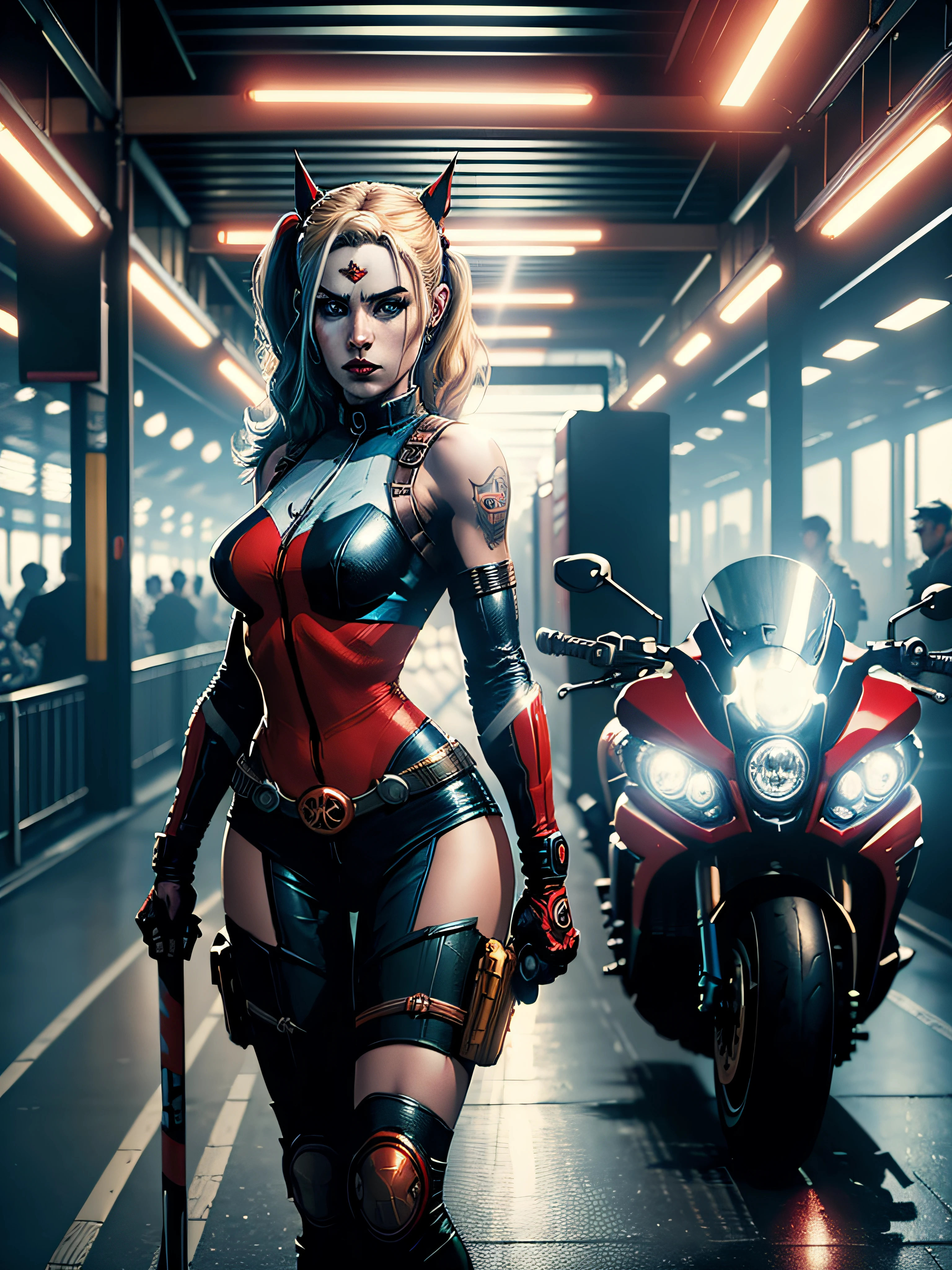 a woman Harley Quinn in a train station with a motorbike with art work on the bike cinematic lighting best quality 4k