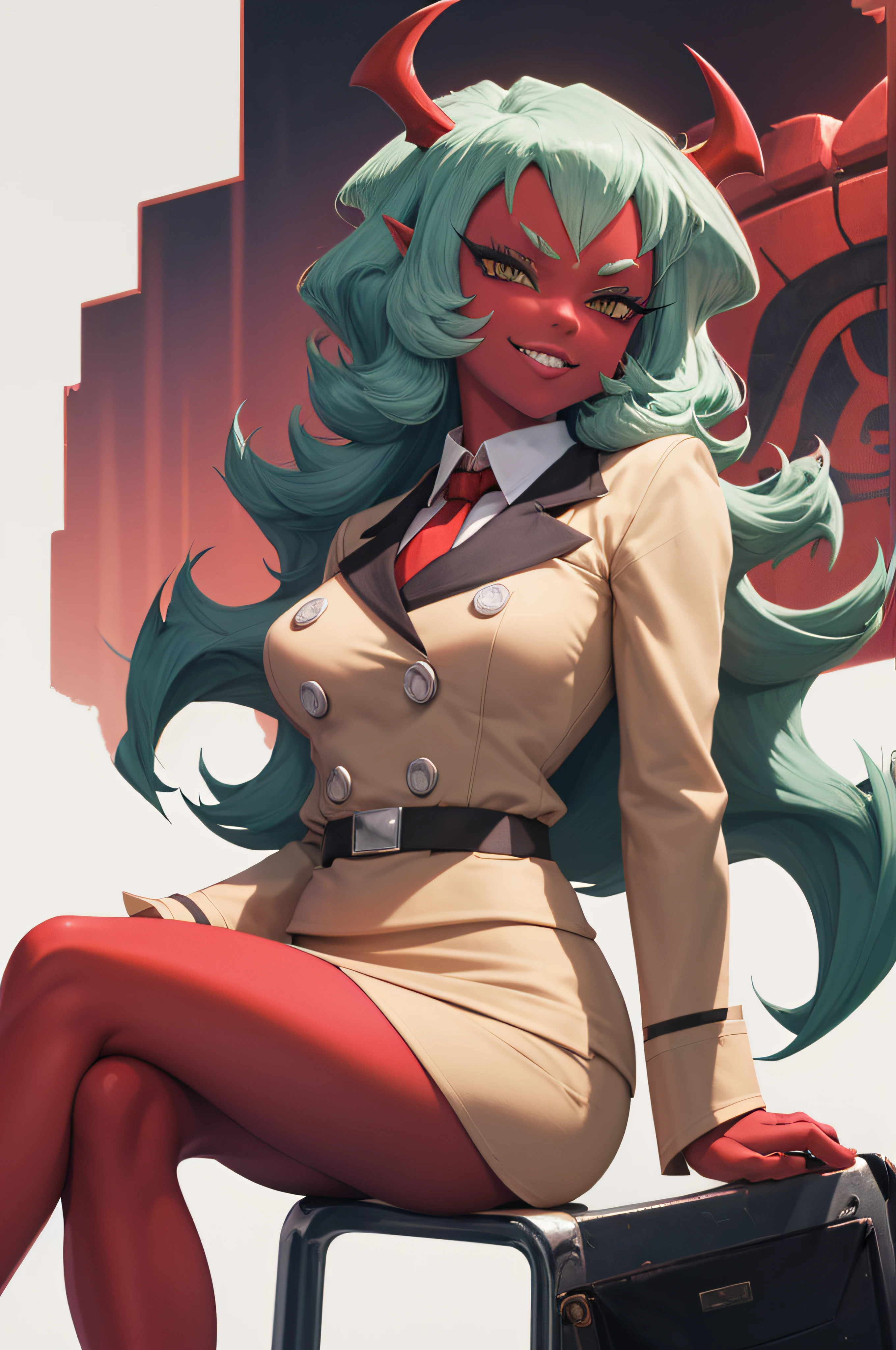 (masterpiece, best quality:1.2), solo, 1girl, psgscanty, red skin, evil smile, looking at viewer, sitting, crossed legs, horns, v-shaped eyebrows, jacket, red necktie, skirt, skirt suit,