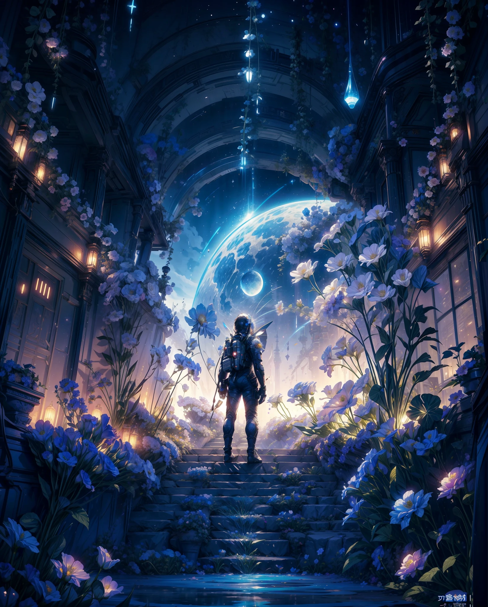 An astronaut with visibly flower growing from as - tronaut suit and futuristic fantasy, blue rose garden in the background, two moons in the sky, manga style, Tsutomu Nihei style, beautiful colors, Manga nib pen style, sci-fi fantasy scenery, highly detailed, light, sparkle, glistening atmosphere atmosphere- quality, perfect details ((leaves:1.3)), perfect details ((flowers:1.5))