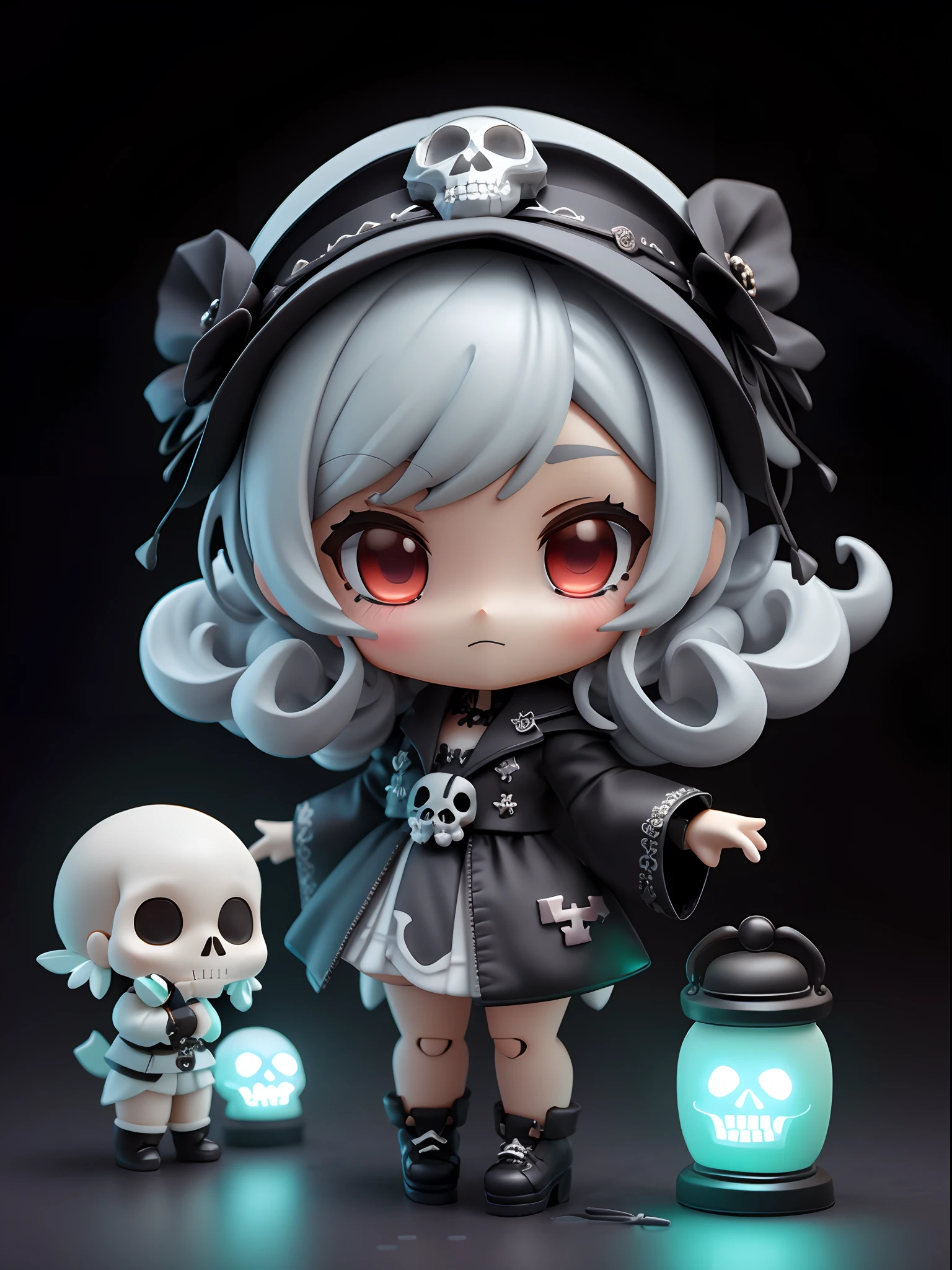 white teal hair, curly hair, short hair, headdress, fullbody, chibi, fullbody art, black skull ornament,1girl, a doll with a lantern and a skull, nendoroid, nendoroid 3 d, ( highly detailed figure ), holy cyborg necromancer girl, [ trending on cgsociety ]!!, beautiful necromancer girl, style as nendoroid, nendroid, pale young ghost girl, goddess of death, light, red cross eye