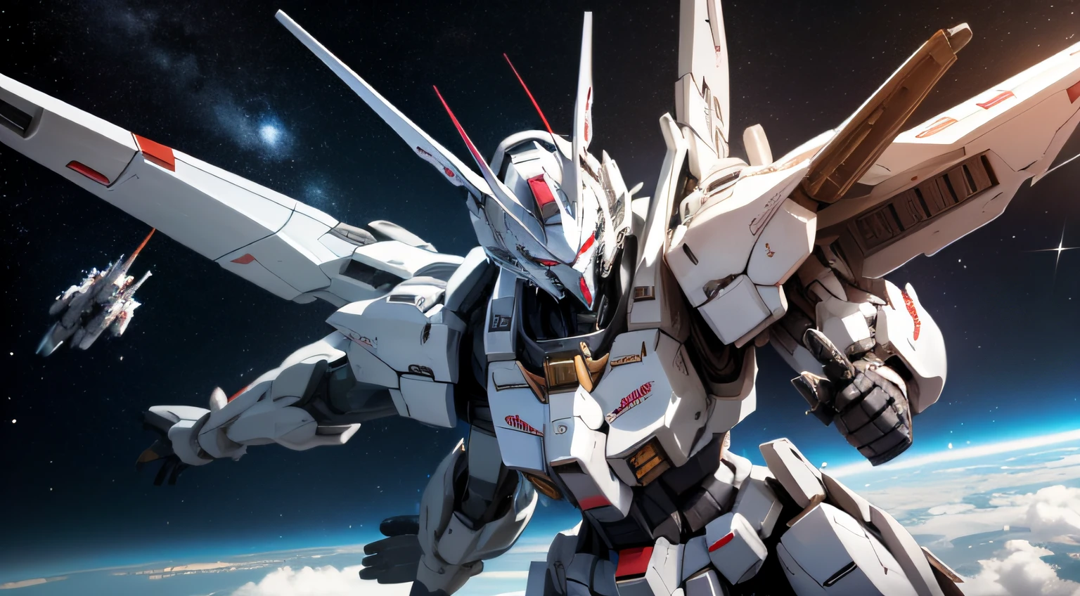 White Unicorn Gundam、Mobile Suit Robot、Engage fiercely with enemy mobile armored robots、flying in space