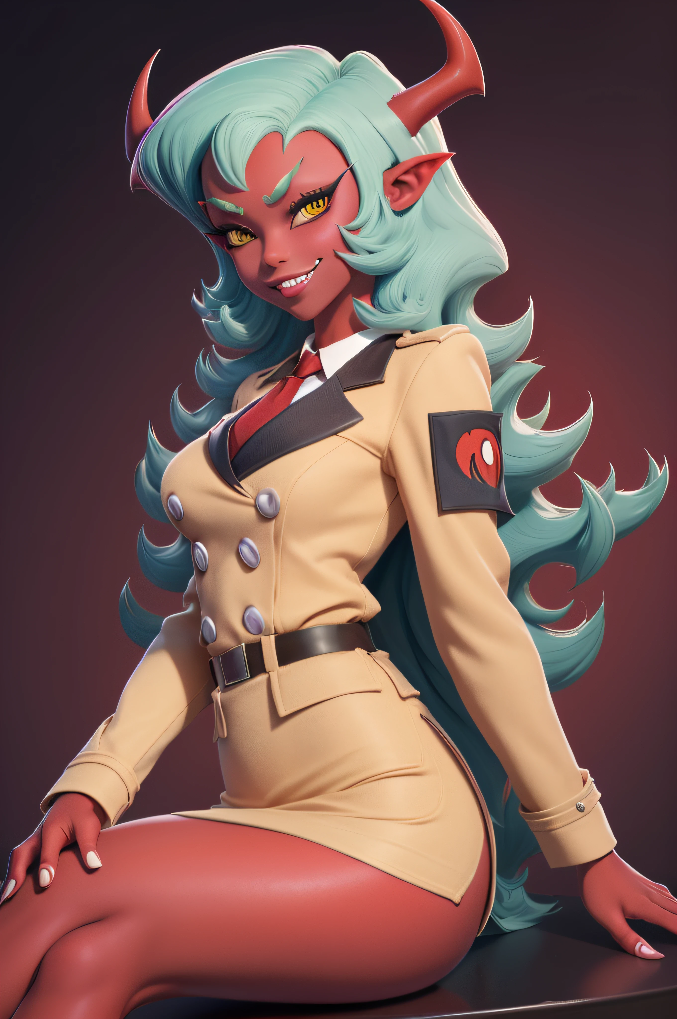 (masterpiece, best quality:1.2), solo, 1girl, psgscanty, red skin, evil smile, looking at viewer, sitting, crossed legs, horns, v-shaped eyebrows, jacket, red necktie, skirt, skirt suit,