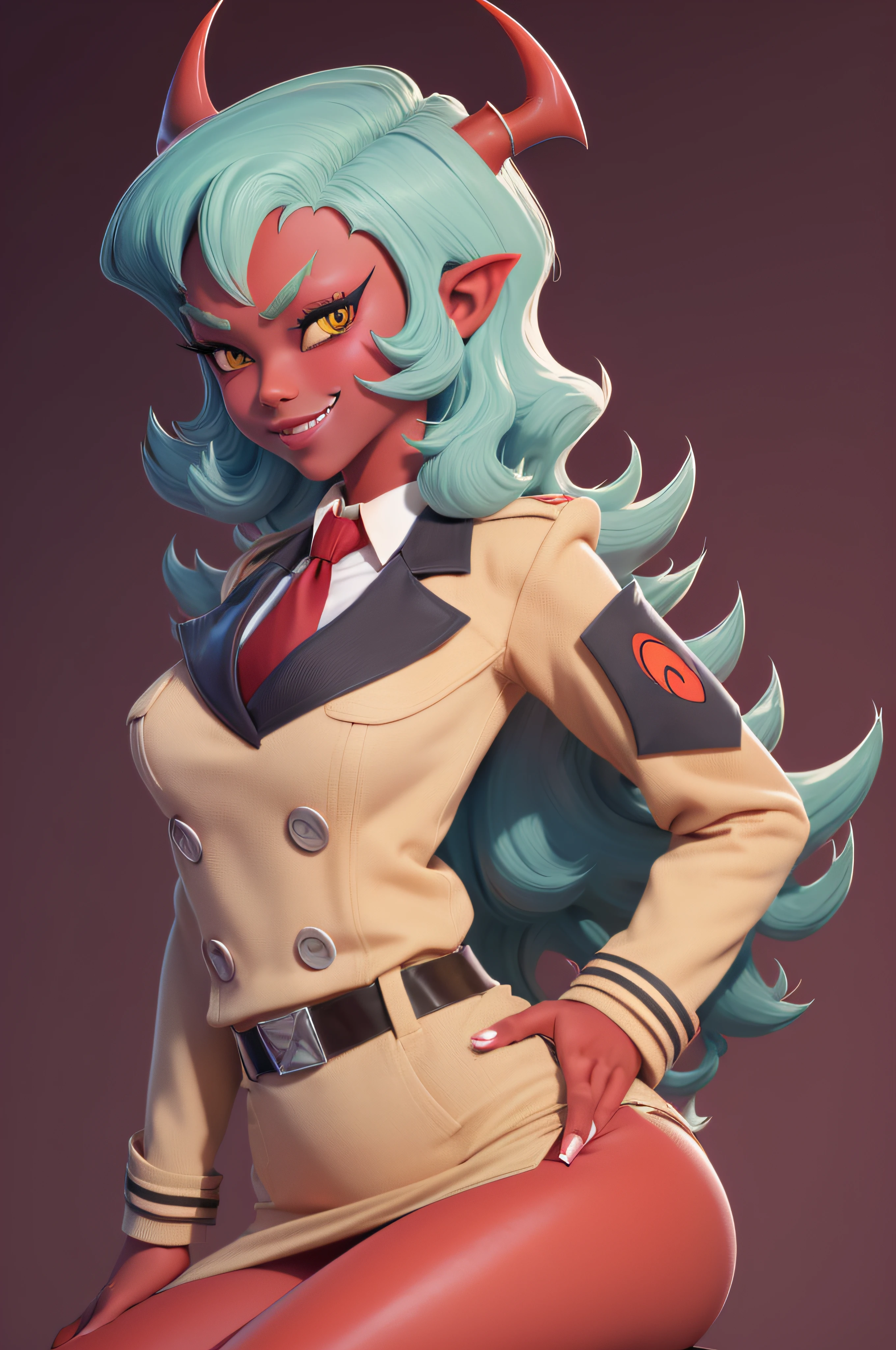 (masterpiece, best quality:1.2), solo, 1girl, psgscanty, red skin, evil smile, looking at viewer, sitting, crossed legs, horns, v-shaped eyebrows, jacket, red necktie, skirt, skirt suit,