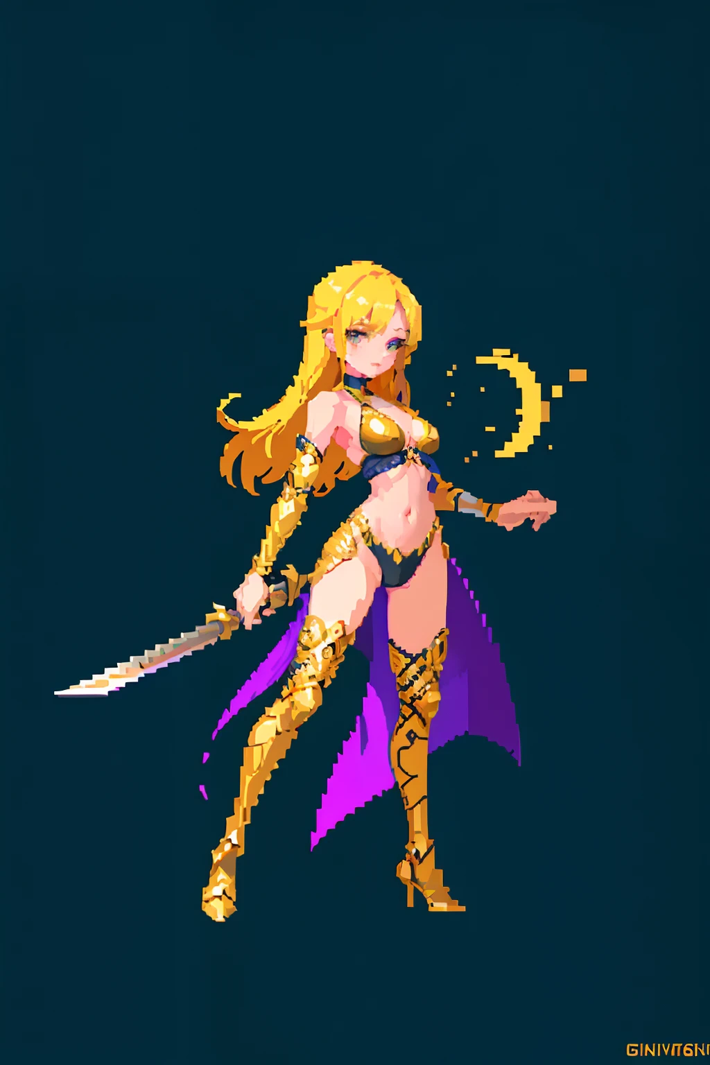 (masterpiece, top quality, best quality), pixel,pixel art,1girl,full body, golden bikini armor, sword, demon