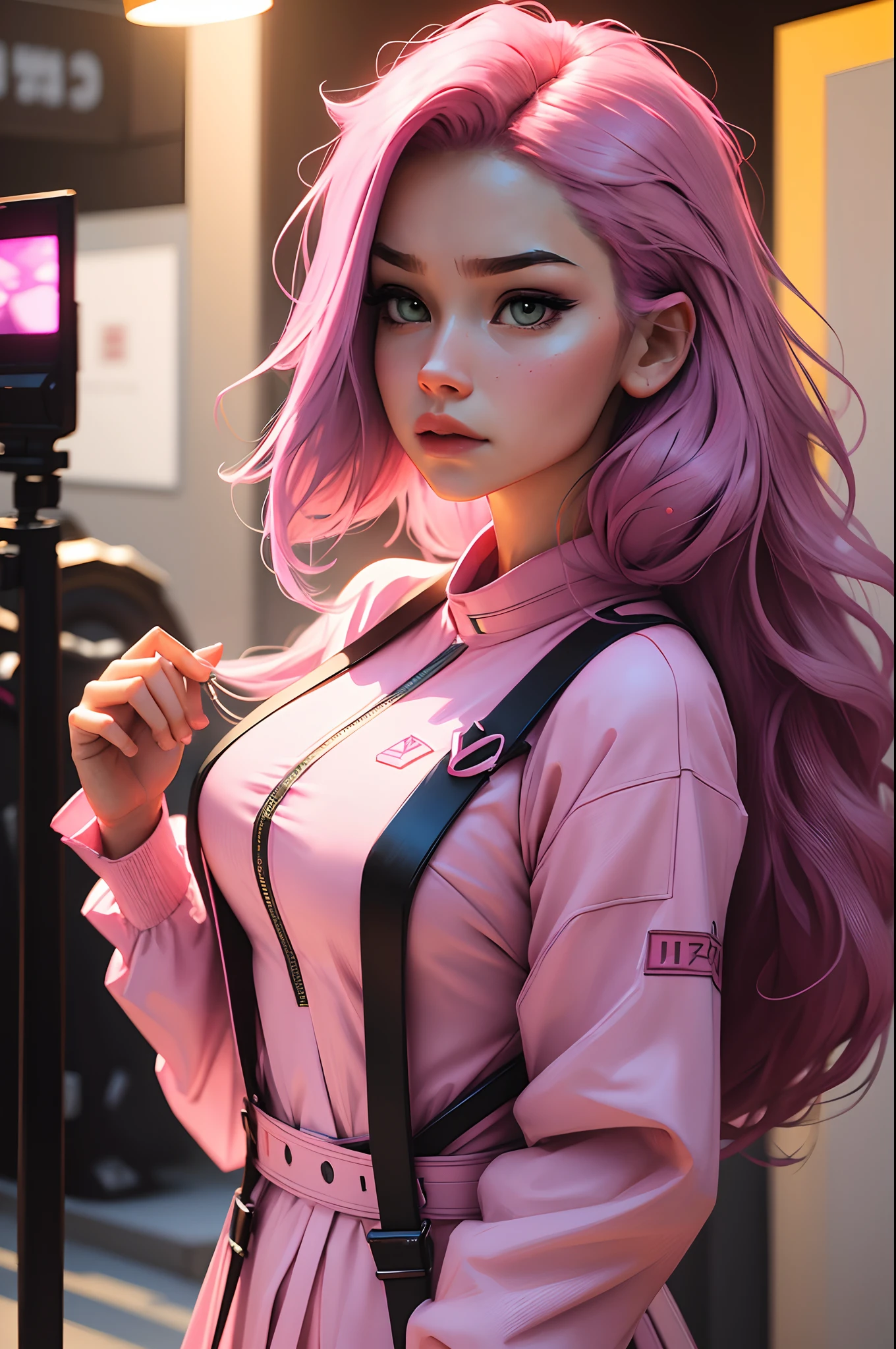 (8k, RAW photo, best quality, masterpiece), ultra high resolution, (realistic, photo-realistic), 1girl, emotionless, solo, pink hair, yellow eyes, professional lighting, detailed lighting, backlight, depth of field, natural lighting, sharp focus, two meter shooting distance, professional photo shoot, detailed eyes, realistic eyes, detailed shadow, cg game, cosplay, pink clothes with arm ring,  suspenders, upper body, pink clothes, exterior, crown, Gundam, Mecha, robot