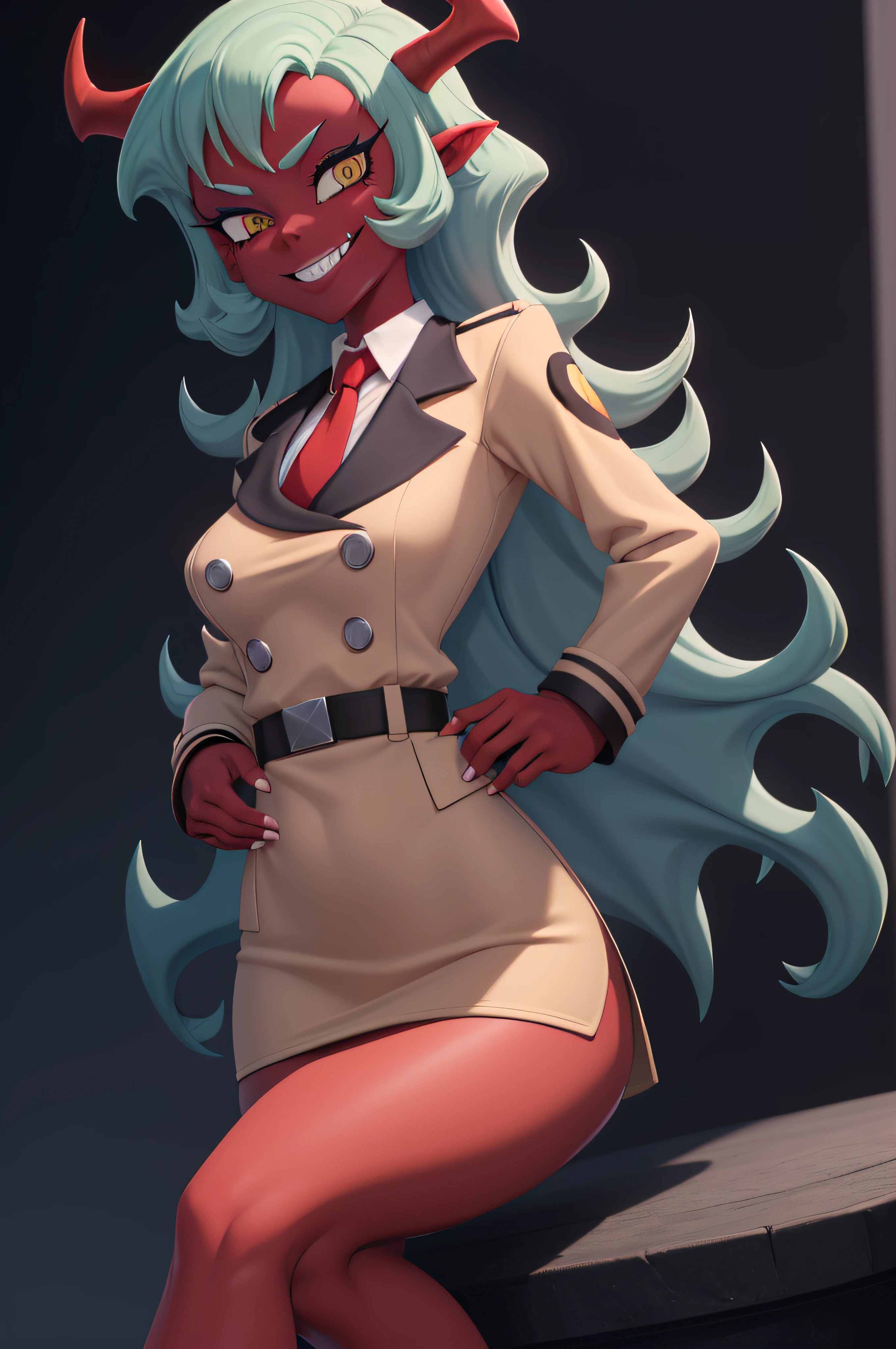 (masterpiece, best quality:1.2), solo, 1girl, psgscanty, red skin, evil smile, looking at viewer, sitting, crossed legs, horns, v-shaped eyebrows, jacket, red necktie, skirt, skirt suit,