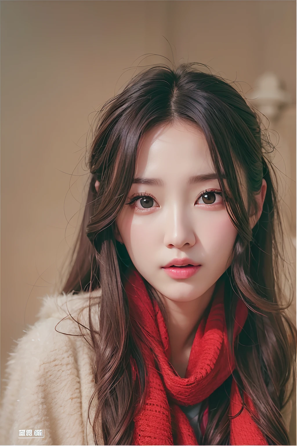 Close-up of a woman with long hair wearing a red scarf, kwak ji young, Songs inspired by Tang Sin Yun Sandara, red scarf, female actress from korea, jaeyeon nam, Lee Ji-eun, Izzy-silver(Lee Ji - Eun), Korean Woman, Normal number (Sangsoo Jeong), heonhwa choe, beautiful south korean woman, hwang se - on,Ultra8K