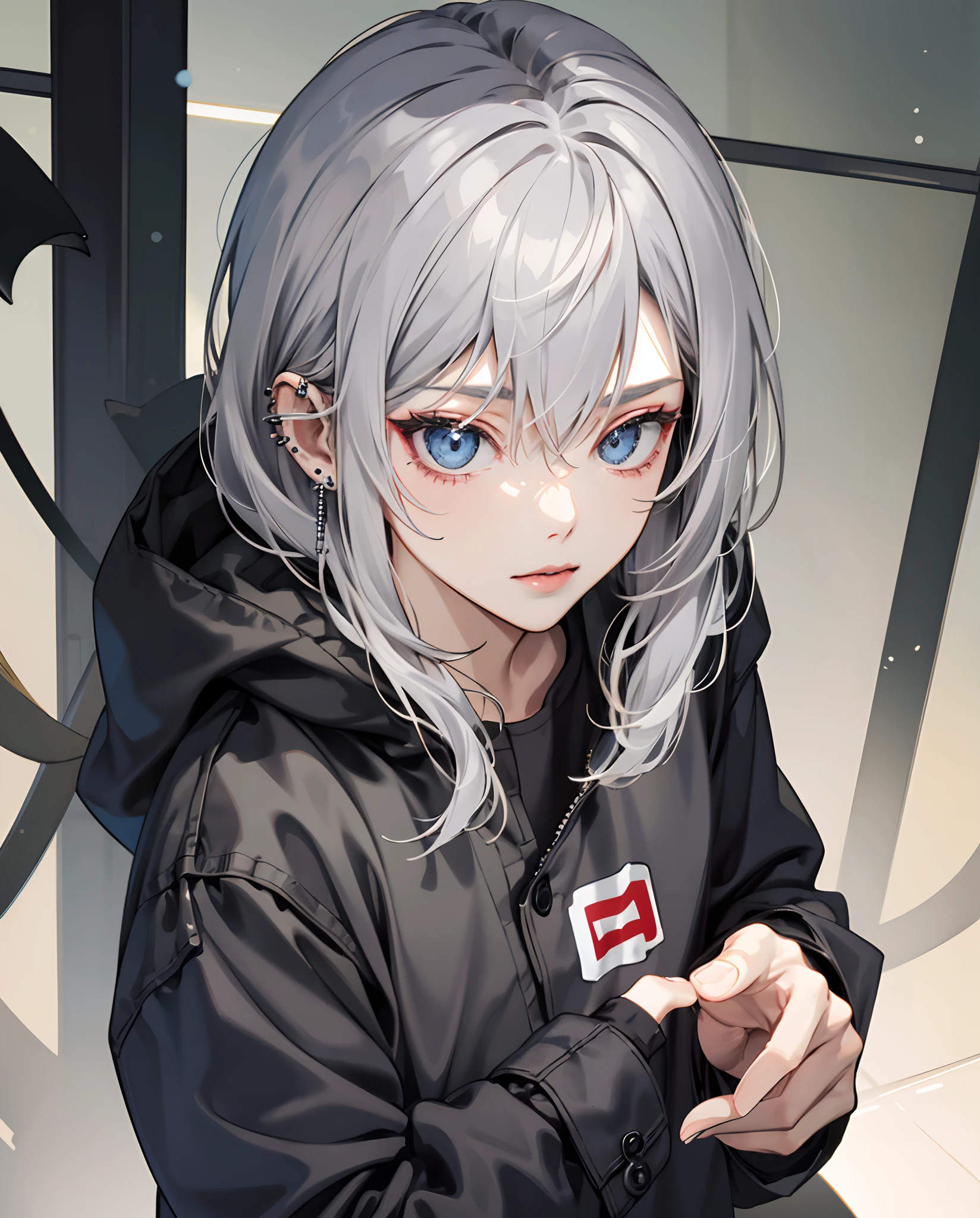 Diabolical、sano、Gray hair、girl with、odd eye、bobhair、piercings、parka、a cool、