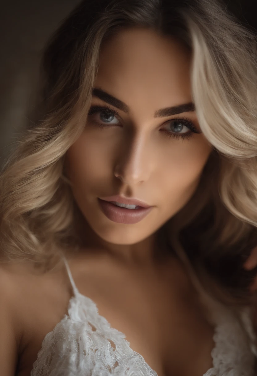 ((Mesmo rosto da mulher anterior))((que parece uma foto tirada com um celular e muita maquiagem))((that doesn't show the chest))((sem desfoque)) ((Ensino de corpo inteiro))Arafed Mulher totalmente , Menina sexy com olhos ambar, Ultra realista, meticulosamente detalhado, Retrato Sophie Mudd, cabelos pretos e olhos grandes, Selfie de uma jovem mulher, Olhos do quarto, Violeta Myers, com maquiagem, Maquiagem natural, staring directly at camera, Rosto com Artgram, Maquiagem, Foto impressionante de corpo inteiro ajoelhado na cama, No quarto, medium to large bust