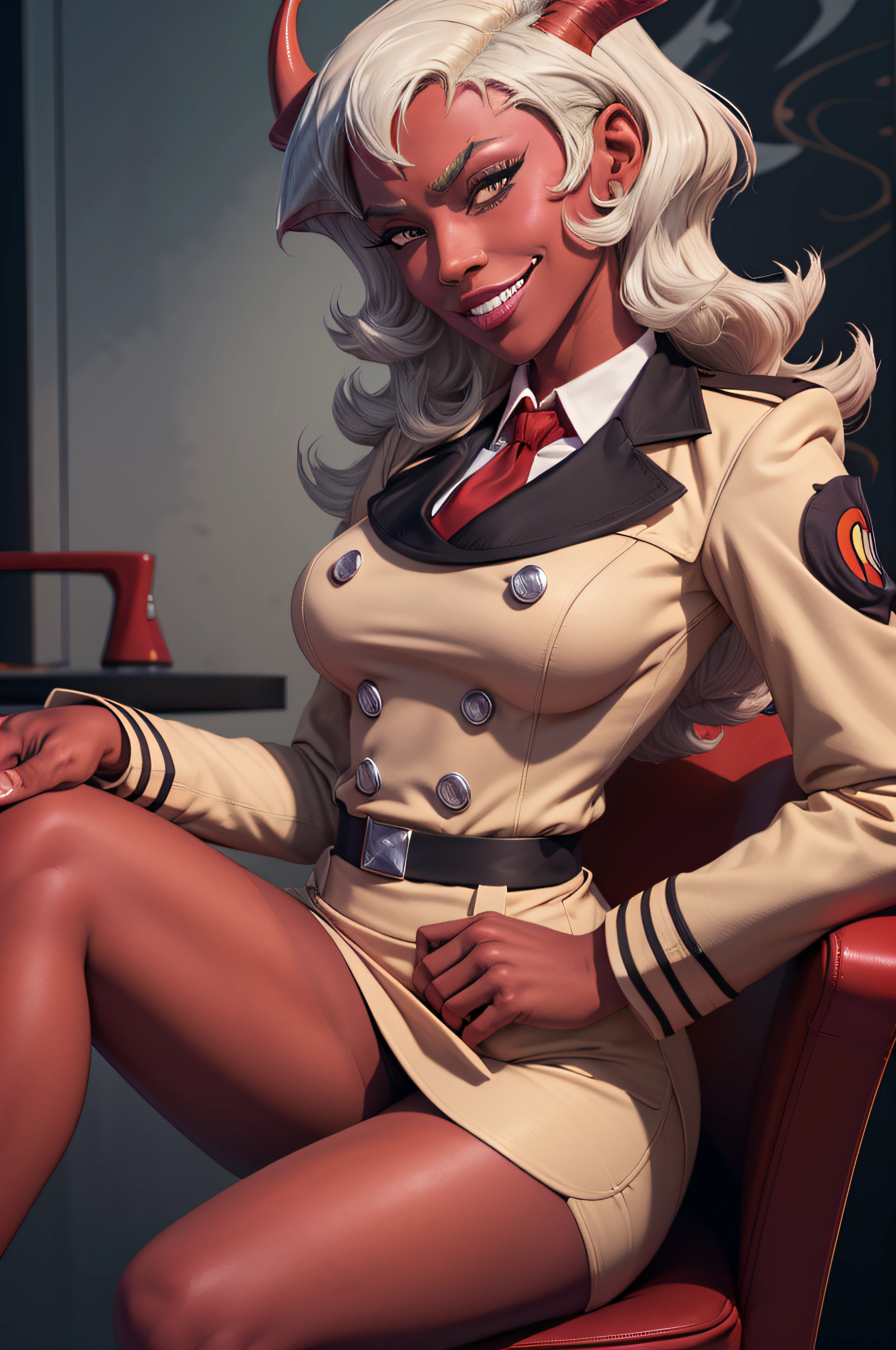 (masterpiece, best quality:1.2), solo, 1girl, psgscanty, red skin, evil smile, looking at viewer, sitting, crossed legs, horns, v-shaped eyebrows, jacket, red necktie, skirt, skirt suit,