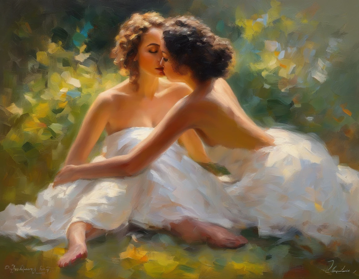 (best quality, ultra-detailed), 2girls, beautiful detailed eyes, beautiful detailed lips, long eyelashes, realistic, intimate, passionate, sensual, soft lighting, romantic, comfortable, natural, realistic skin tones, flawless skin, relaxed, tender, peaceful atmosphere, gentle touch, curvy bodies, intertwined legs, caressing each other, embracing, deep connection, love, trust, vulnerability, natural hair, natural beauty, intimate moment, tranquility, naked, impressionism