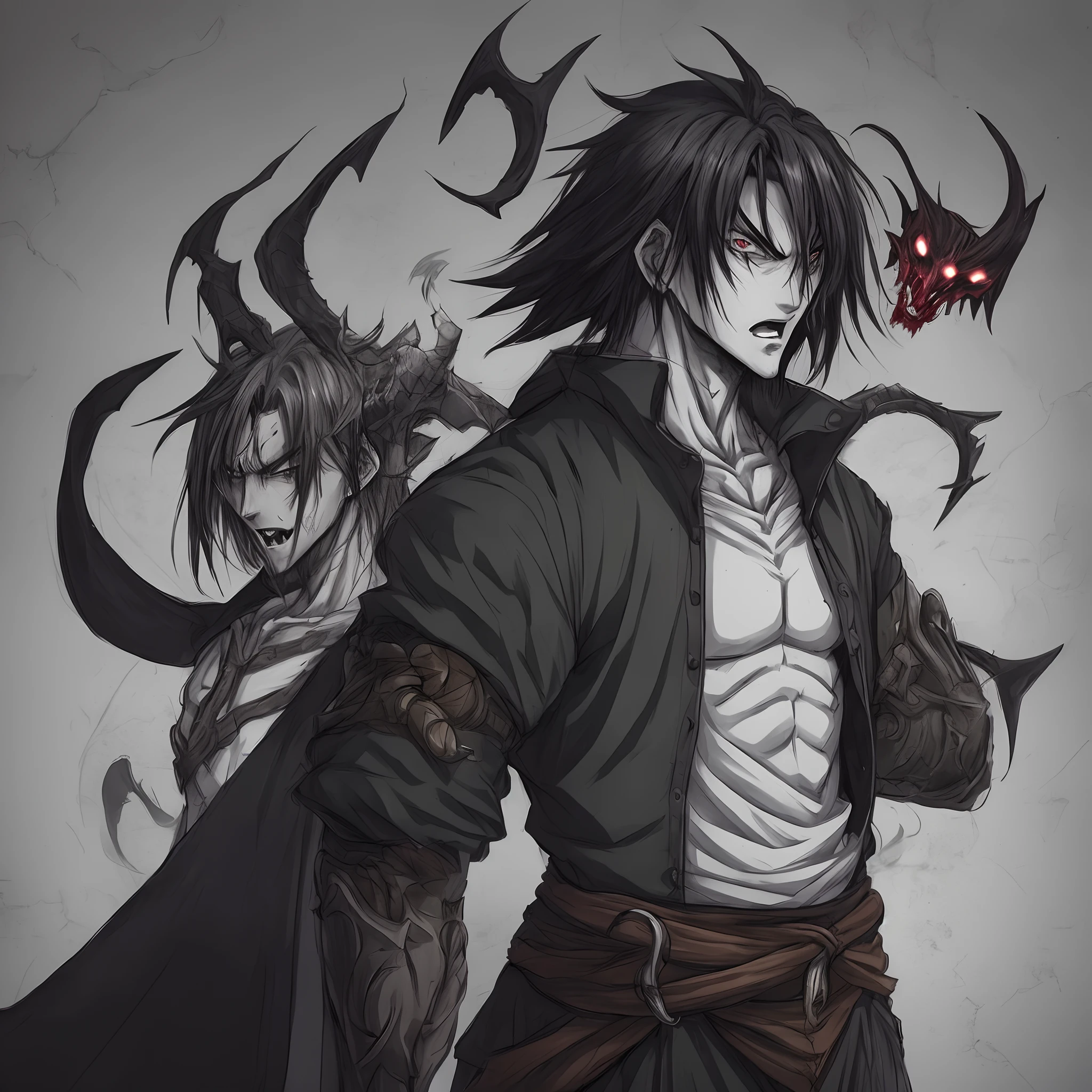 Male character, handsome, dark skin, black wings, wearing a red suit, long white hair, emerald green eyes, his appearance is that of a fire demon, his body is that of a fire demon with giant horns, a bestial body, an intimidating appearance, blue background