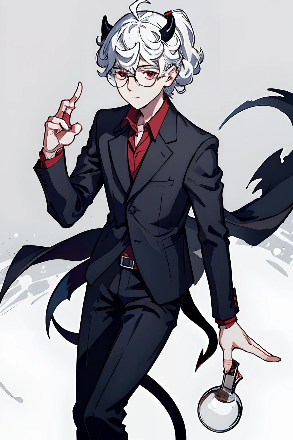 (masterpiece, best quality:1.2), solo, 1boy, htpandemonica, expressionless, looking at viewer, holding coffee mug, glasses, formal, suit, black jacket, red shirt, white gloves, black pants,male, (5 fingers:1.5), demon tail, demon horns
