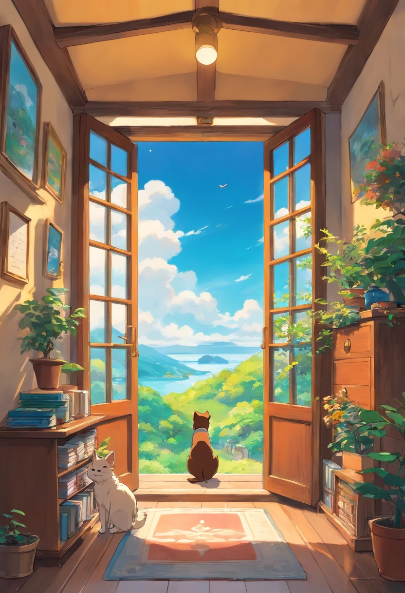 Correndo feliz na sala de estar ensolarada.chocolate, o cachorrinho, Espete os ouvidos,Stick out your tongue, Agile Leap. Yang Guan brilhou na casa. e o sol brilhava intensamente, Blue skies complement this cosy atmosphere
