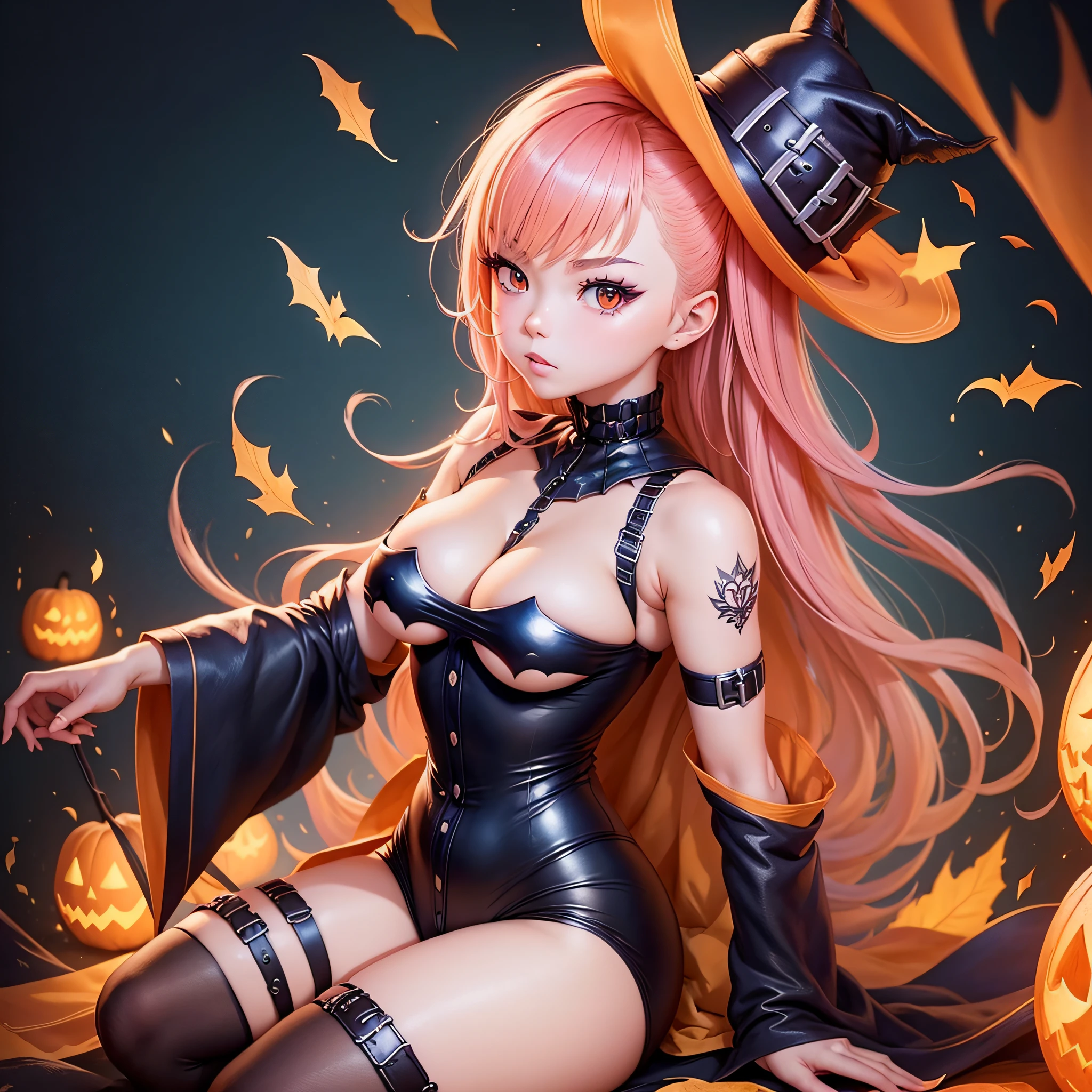 there is a girl sitting on a pile of pumpkins, an anime drawing inspired by rossdraws, tumblr, gothic art, cute, cute, in a halloween style, halloween art style, :: rossdraws, detailed fanart, artgerm and rossdraws, official fanart, cute art style, masterpiece, detailed hand, perfect face