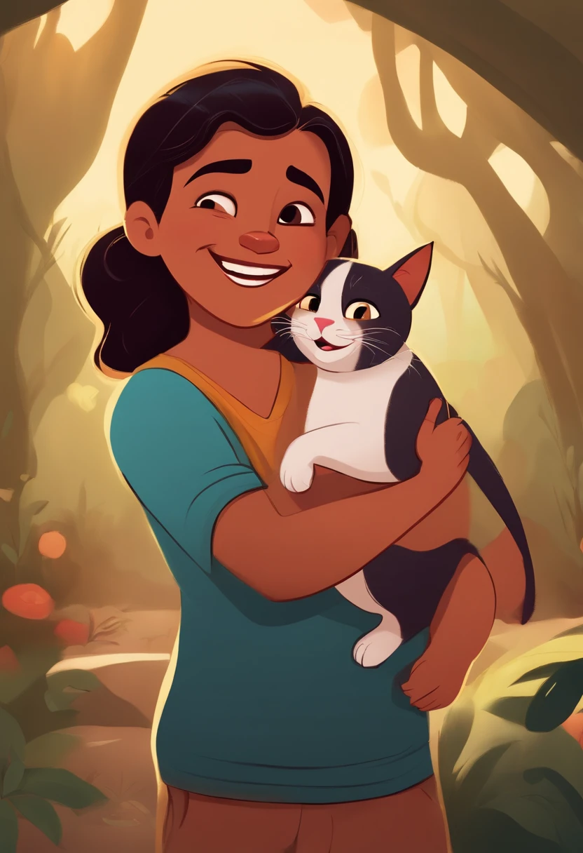 Disney style, nandez, fat ??? grinning while holding a scared cat