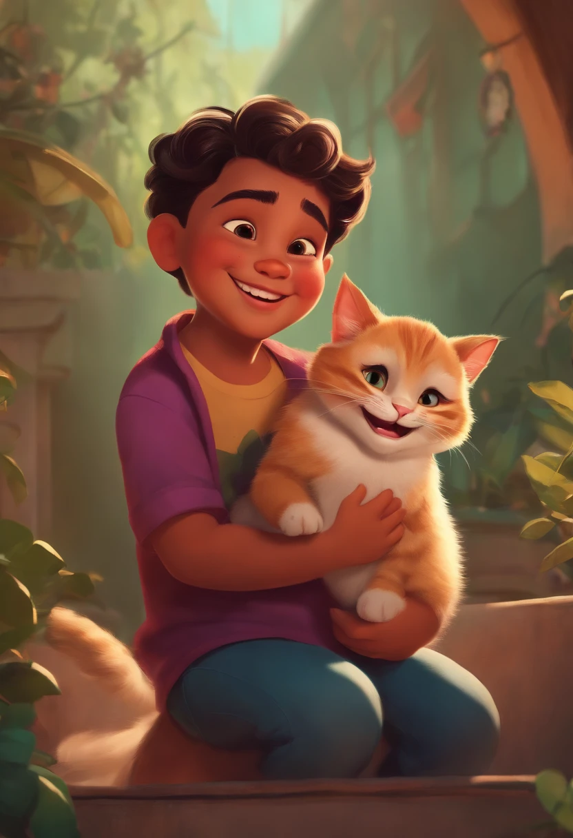Disney style, nandez, fat ??? grinning while holding a scared cat