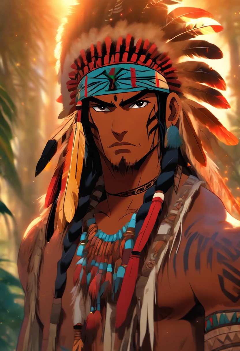 (((indigenous man))) best quality, very high resolution, detailed CG in 4K, masterpiece, black hair, black feathers, amazon brazil, rivers, indigenous people, indigenous tribes, indigenous city, forest, aesthetics, beautiful image, centered on screen, full body