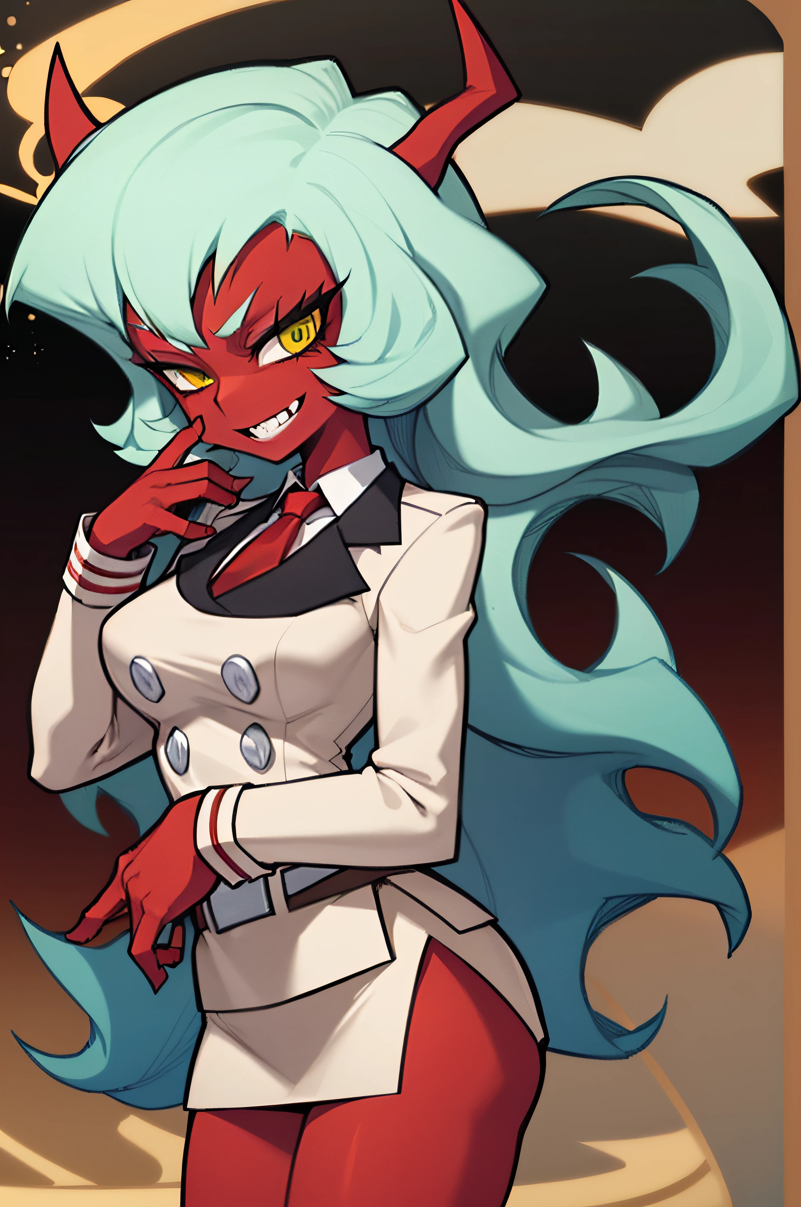 (masterpiece, best quality:1.2), solo, 1girl, psgscanty, (((red skin))), evil smile, looking at viewer, standing, confidence, arrogant, horns, v-shaped eyebrows, jacket, red necktie, skirt, skirt suit,